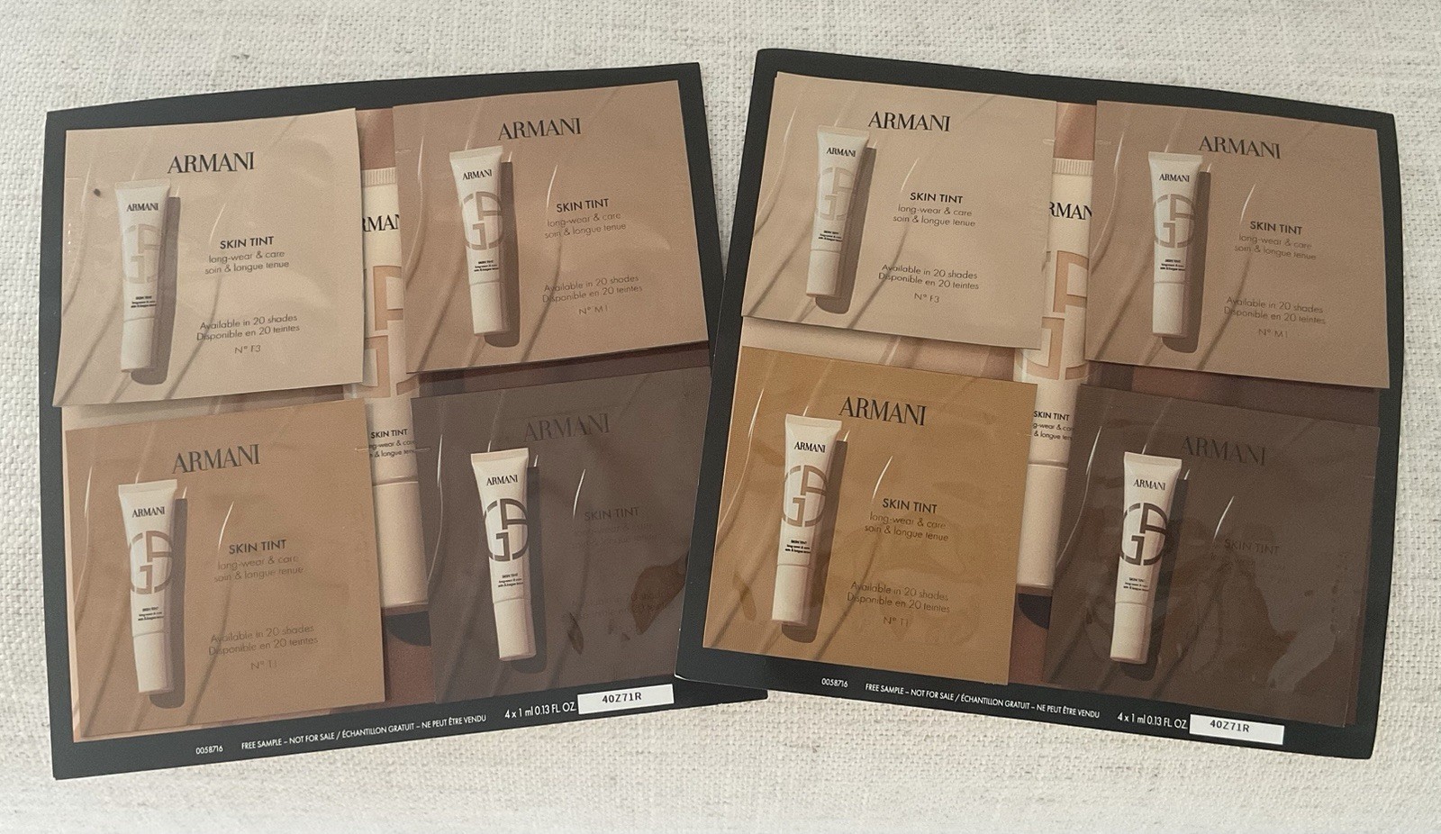 2 x Giorgio Armani Skin Tint Radiant Glow Foundation Samples F3 M1 T1 D3 on card