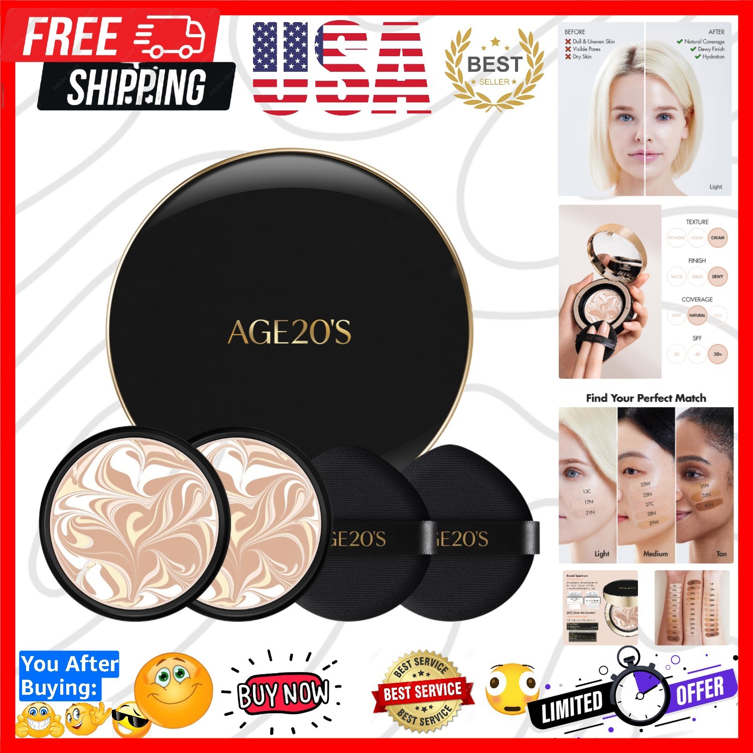 Signature Essence Pact SPF 50+ | Pack of 2 | 17N IVORY | Cream Foundation, De…