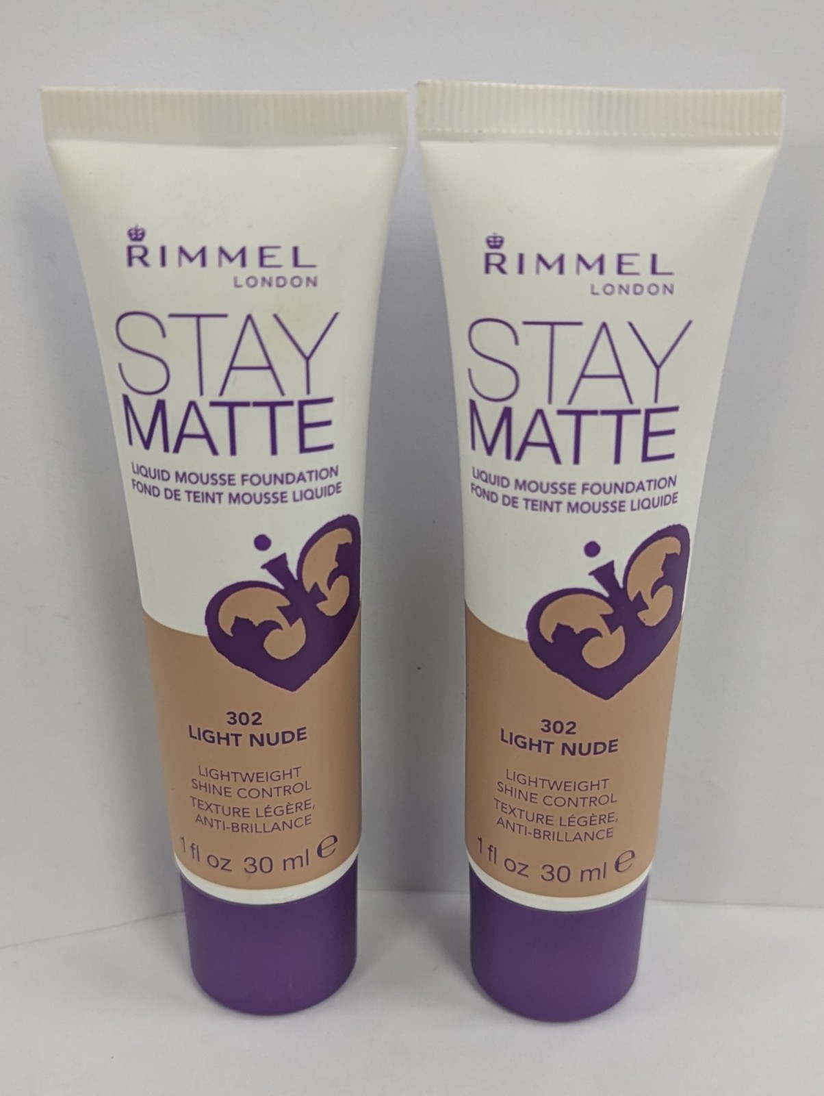 LOT OF 2 RIMMEL STAY MATTE LIQUID MOUSSE FOUNDATION #302 LIGHT NUDE 1fl oz EACH