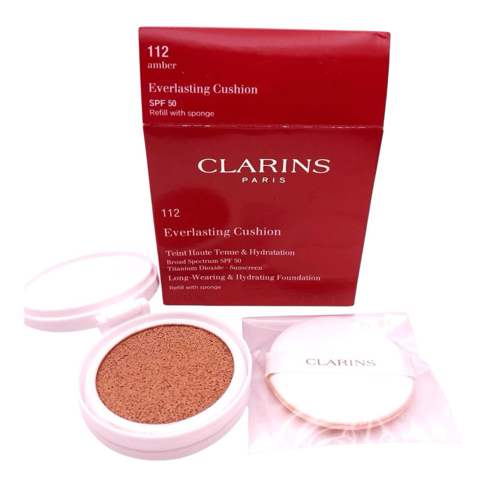 Clarins Everlasting Cushion Refill SPF 50 Shade 112 Amber New Sealed Box Damage
