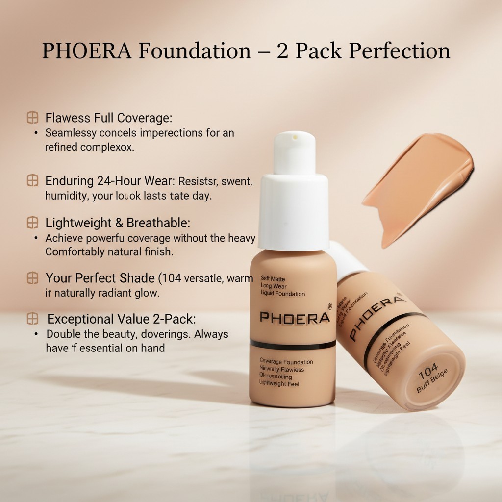 PHOERA 2-Pack Full Coverage Buff Beige Foundation