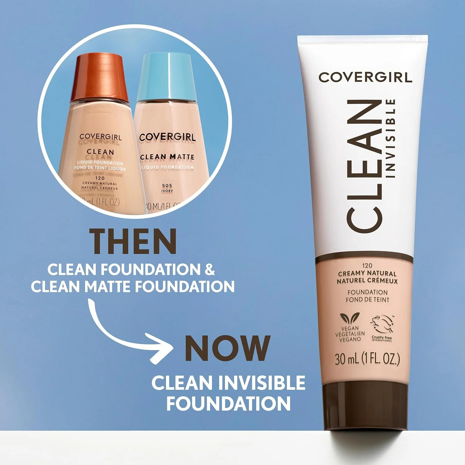 COVERGIRL Clean Invisible Foundation Makeup, Dewy & Glowy Natural Finish, Builda