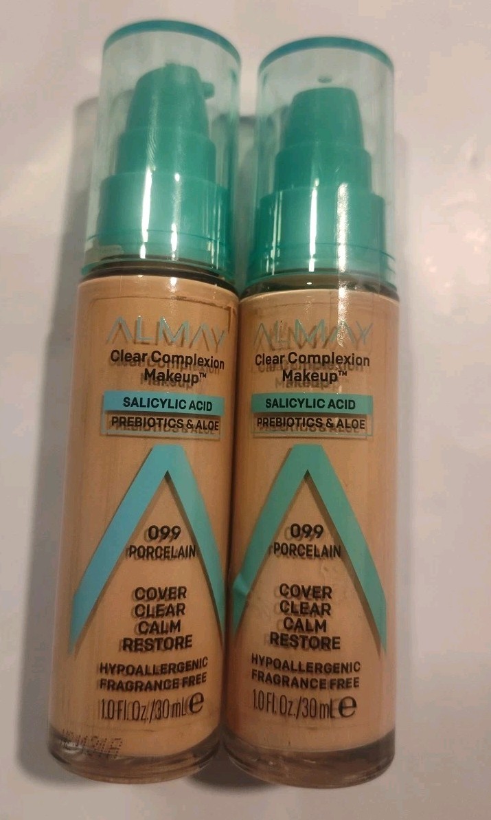 2 PACK Almay 099 Porcelain Clear Complexion Foundation Makeup 1 oz each New