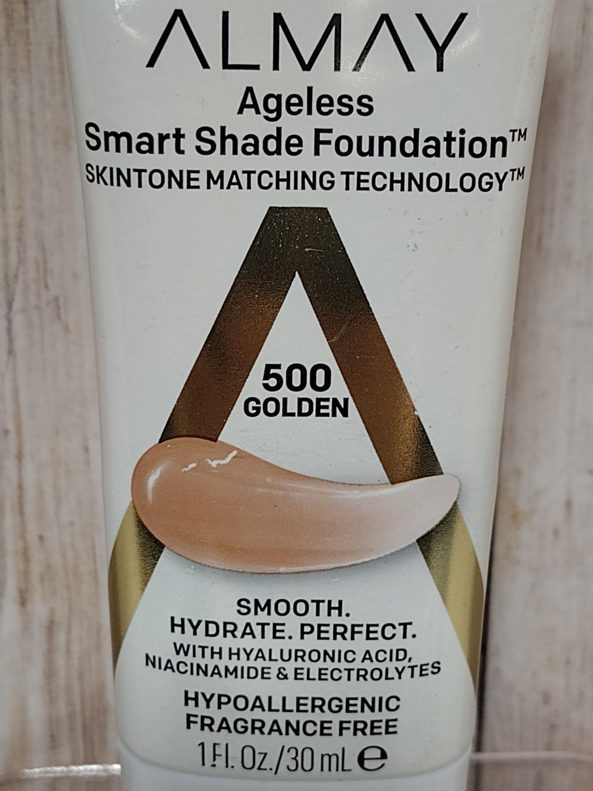 Almay AGELESS SMART SHADE FOUNDATION Hyaluronic Acid Niacinamide 1 oz 500 GOLDEN
