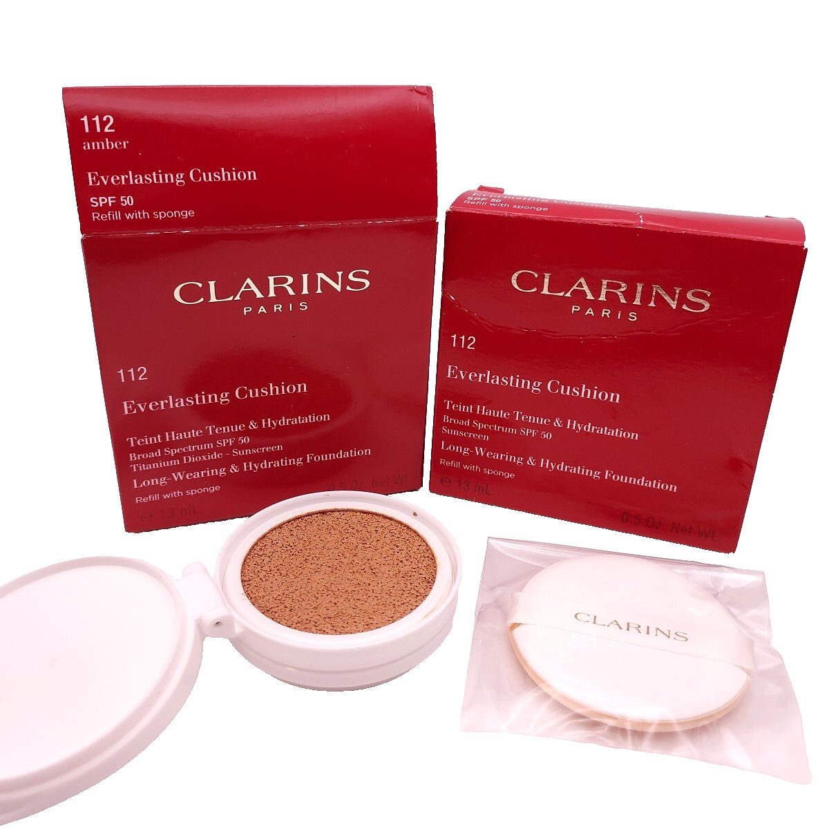 LOT OF 2 Clarins Everlasting Cushion Foundation Refill 112 AMBER SPF 50 Sealed