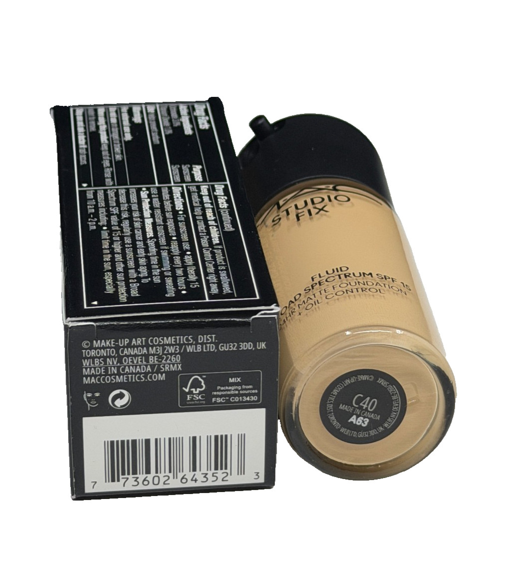 MAC Studio Fix Fluid Broad Spectrum SPF 15 24 Hr Matte Foundation #C40 1 oz NIB