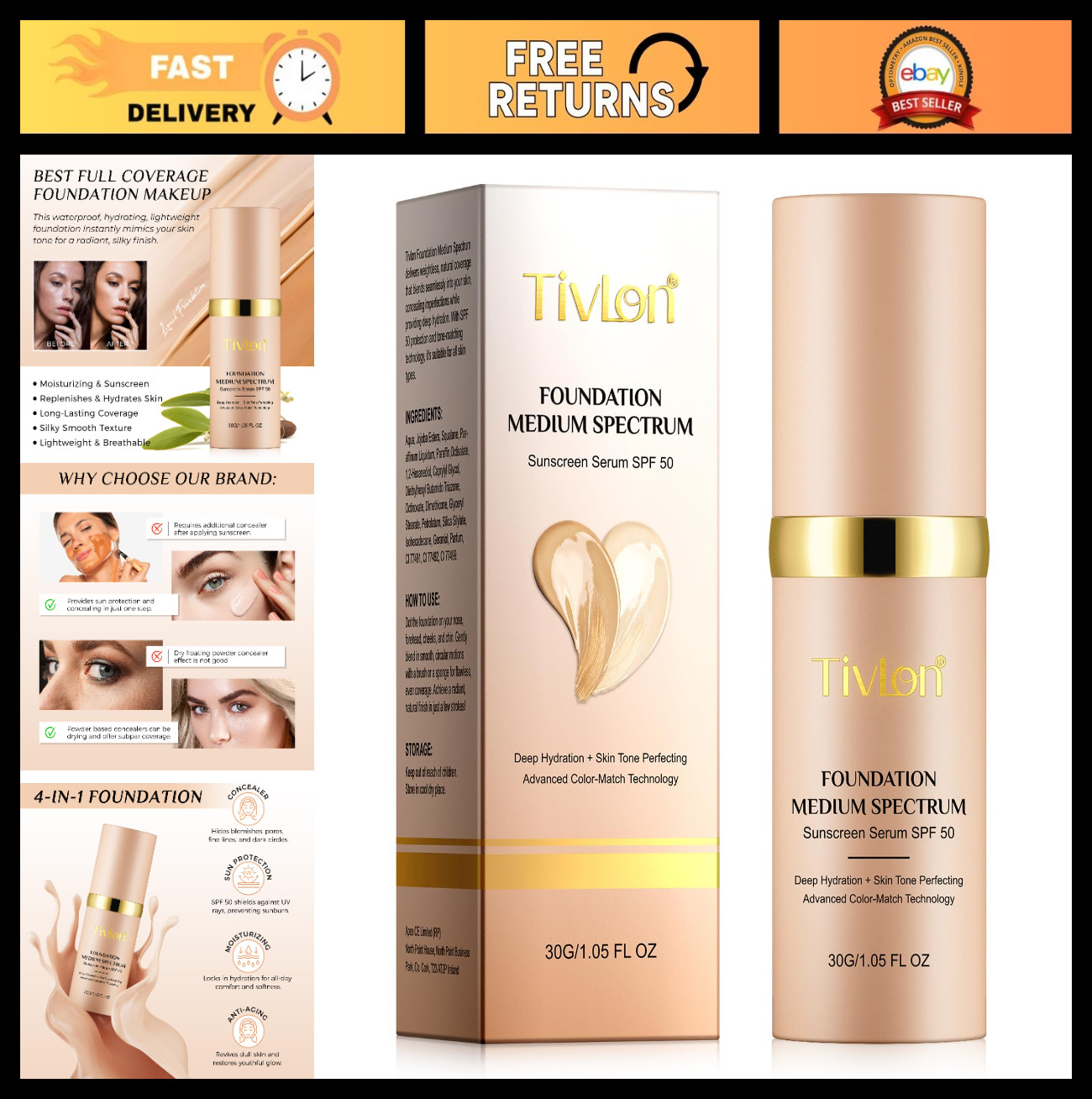 4-in-1 Medium Foundation SPF 50+ | Anti-Aging, Concealer, Hydrating, Waterproof,