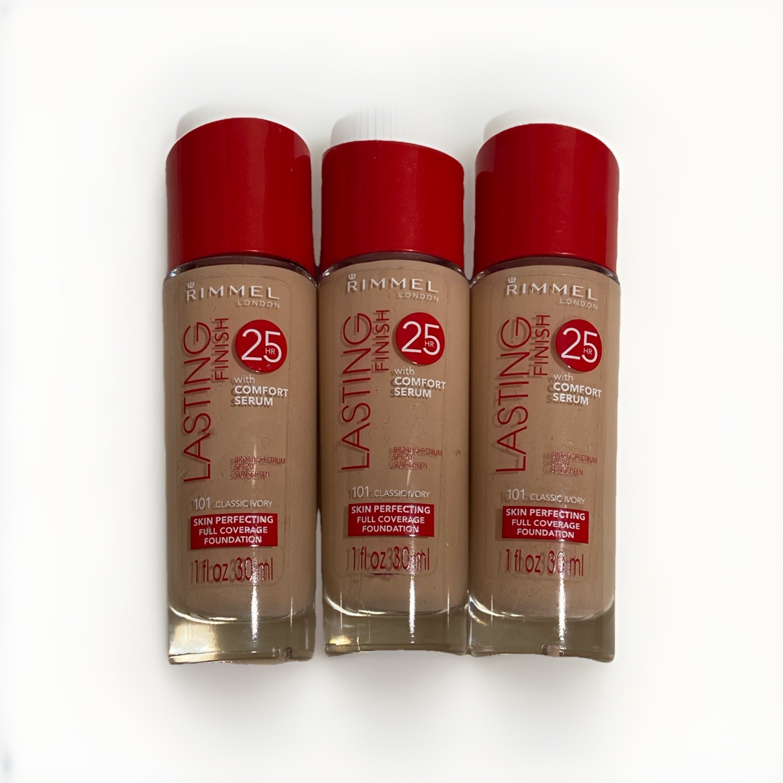 3x Rimmel Lasting Finish 25 hr Foundation with Comfort Serum #101-Classic Ivory