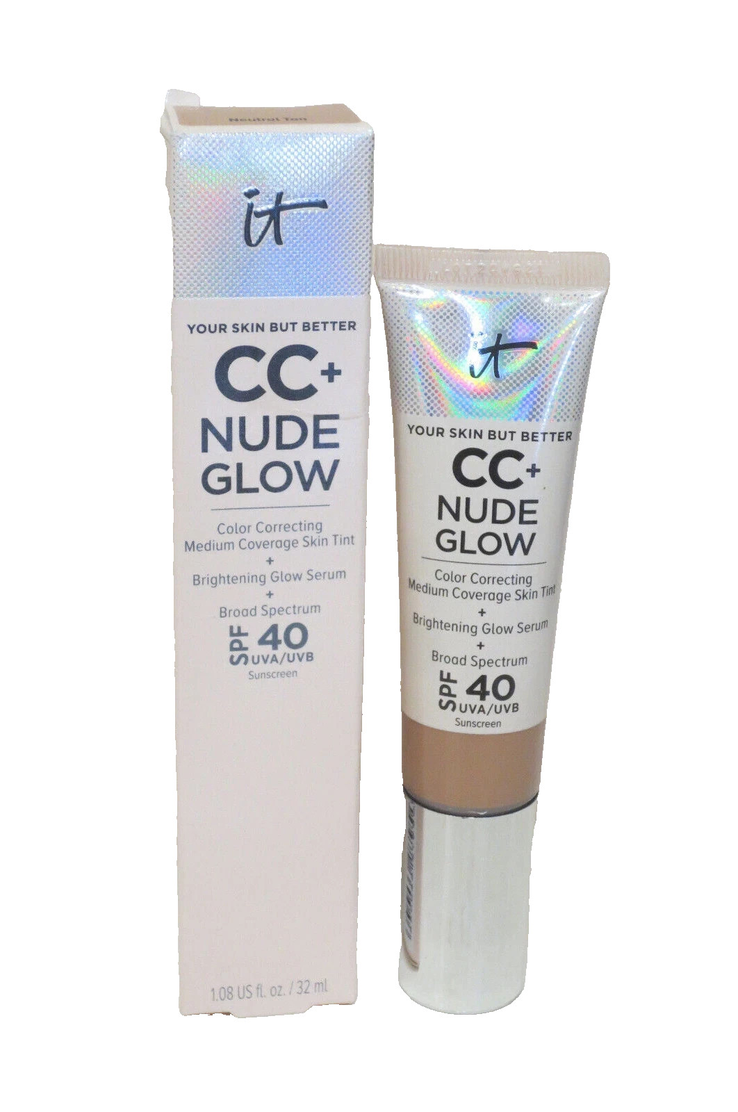 IT COSMETICS CC+ NUDE GLOW SKIN TINT SPF 40 – NEUTRAL TAN – 1.08 OZ BOXED