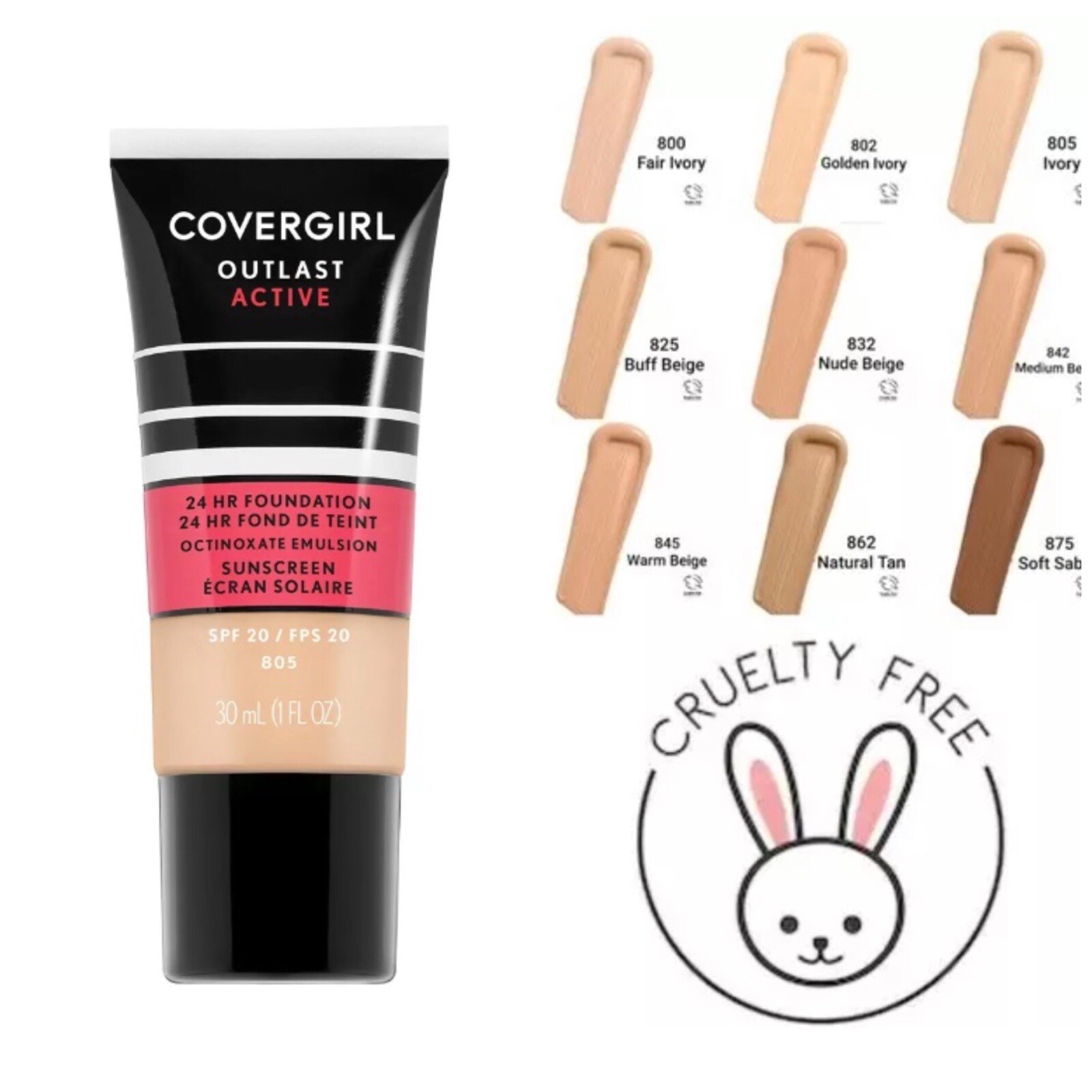 Covergirl Outlast Active 24 Hr Foundation SPF 20 No 805 Ivory
