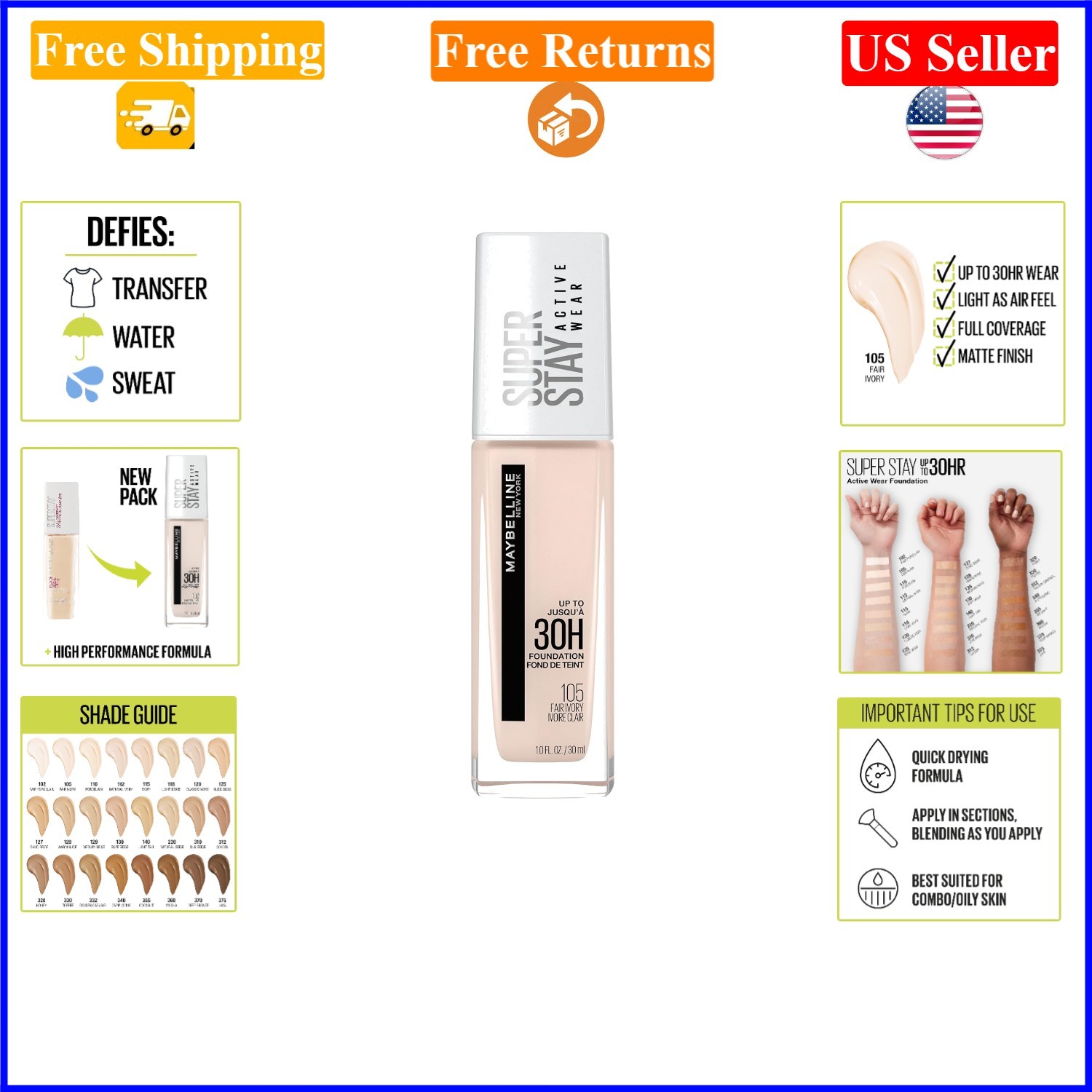 L’Oréal Super Stay Full Coverage Liquid Foundation 105 Fair Ivory 1oz