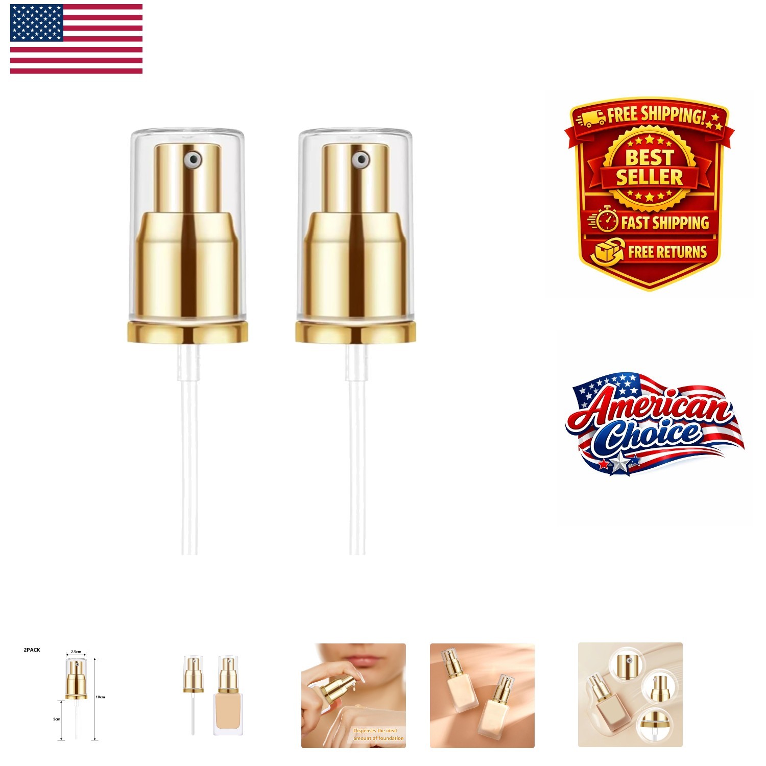 Luxury Gold Foundation Dispensers: 2-Pack for Effortless Application & Hygiene