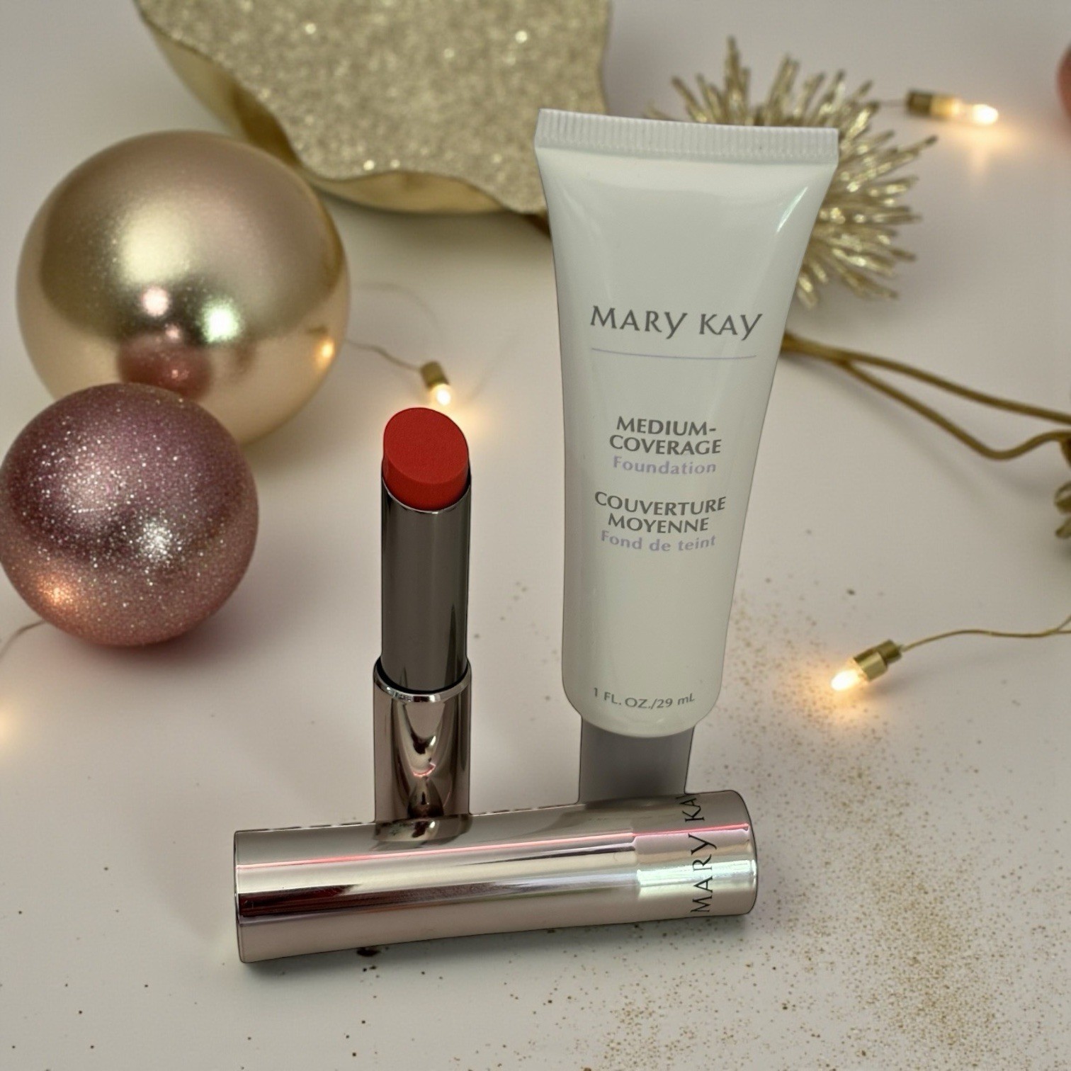 Mary Kay Medium Coverage Foundation #364200 BRONZE 708 GREY CAP and Lipstick Set