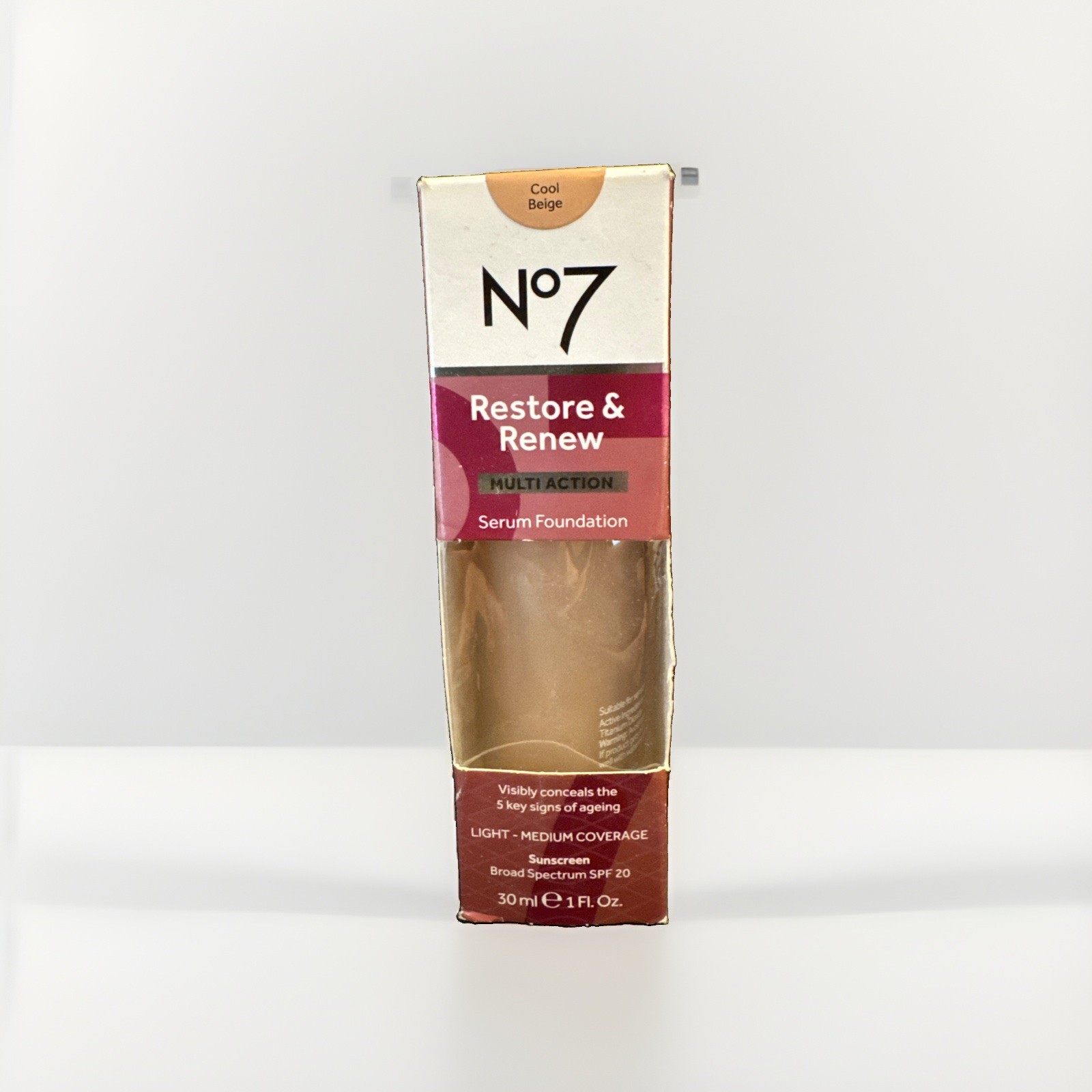 No7 Restore & Renew Multi-Action Serum Foundation SPF 20 COOL BEIGE 1oz Exp:6/28