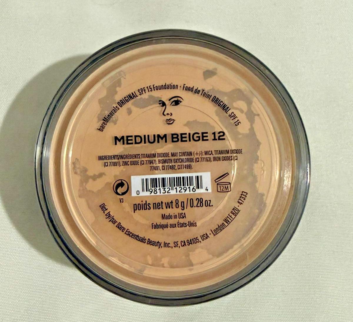 bareMinerals Original SPF 15 Foundation Medium Beige 12 Loose Powder Makeup 8g 0