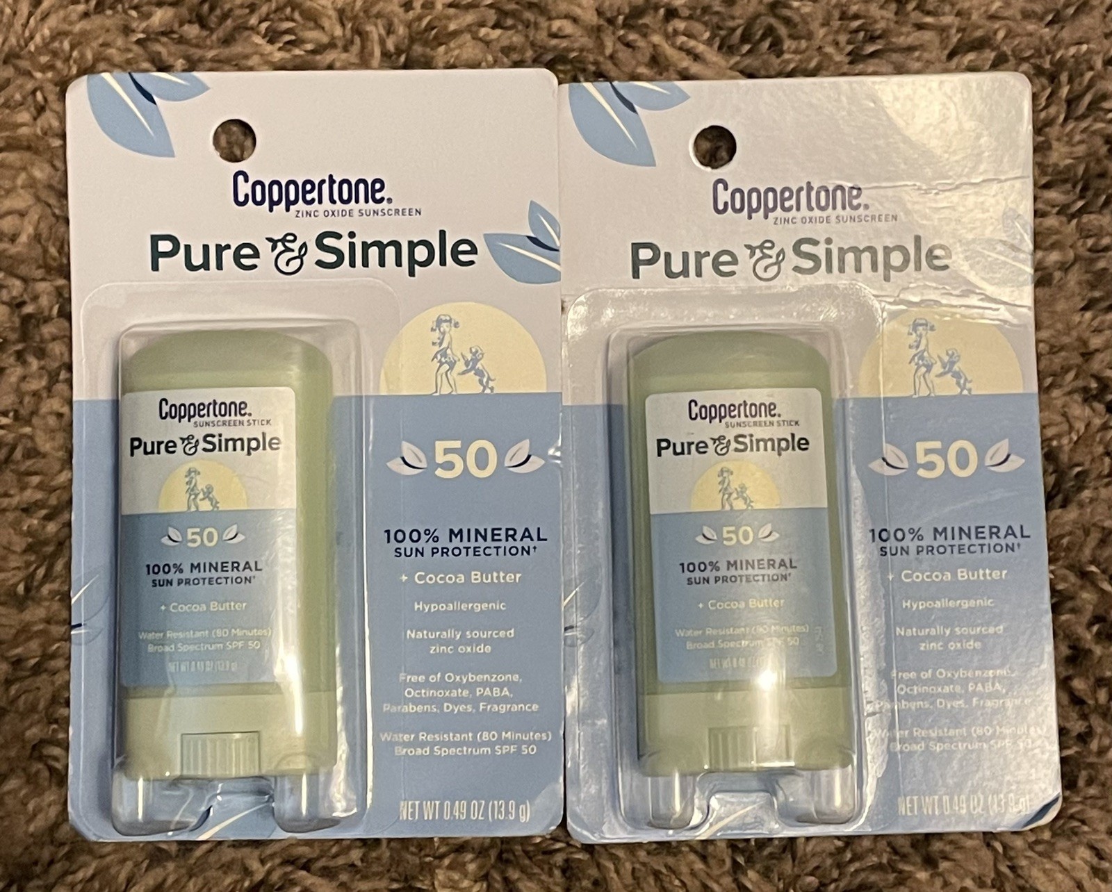 Coppertone Pure and Simple Mineral Sunscreen Stick SPF 50, Lot Of 2 New