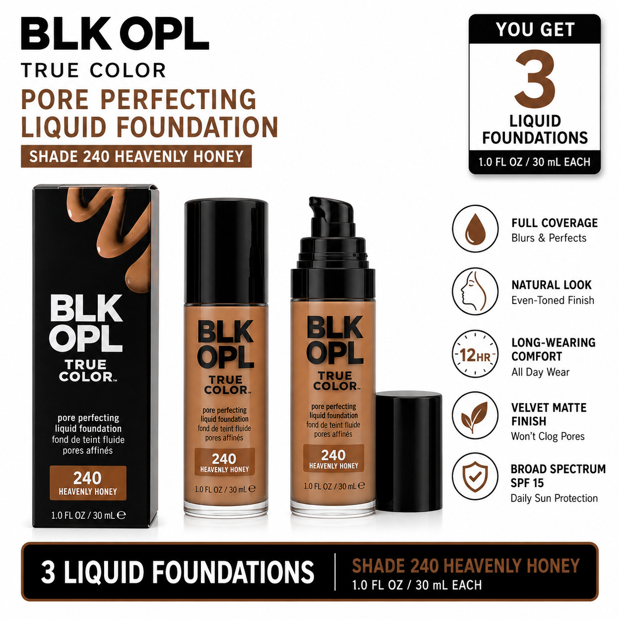 Lot of 3 Black Opal True Color Foundation #240 Heavenly Honey 30 ml / 1.0 fl oz