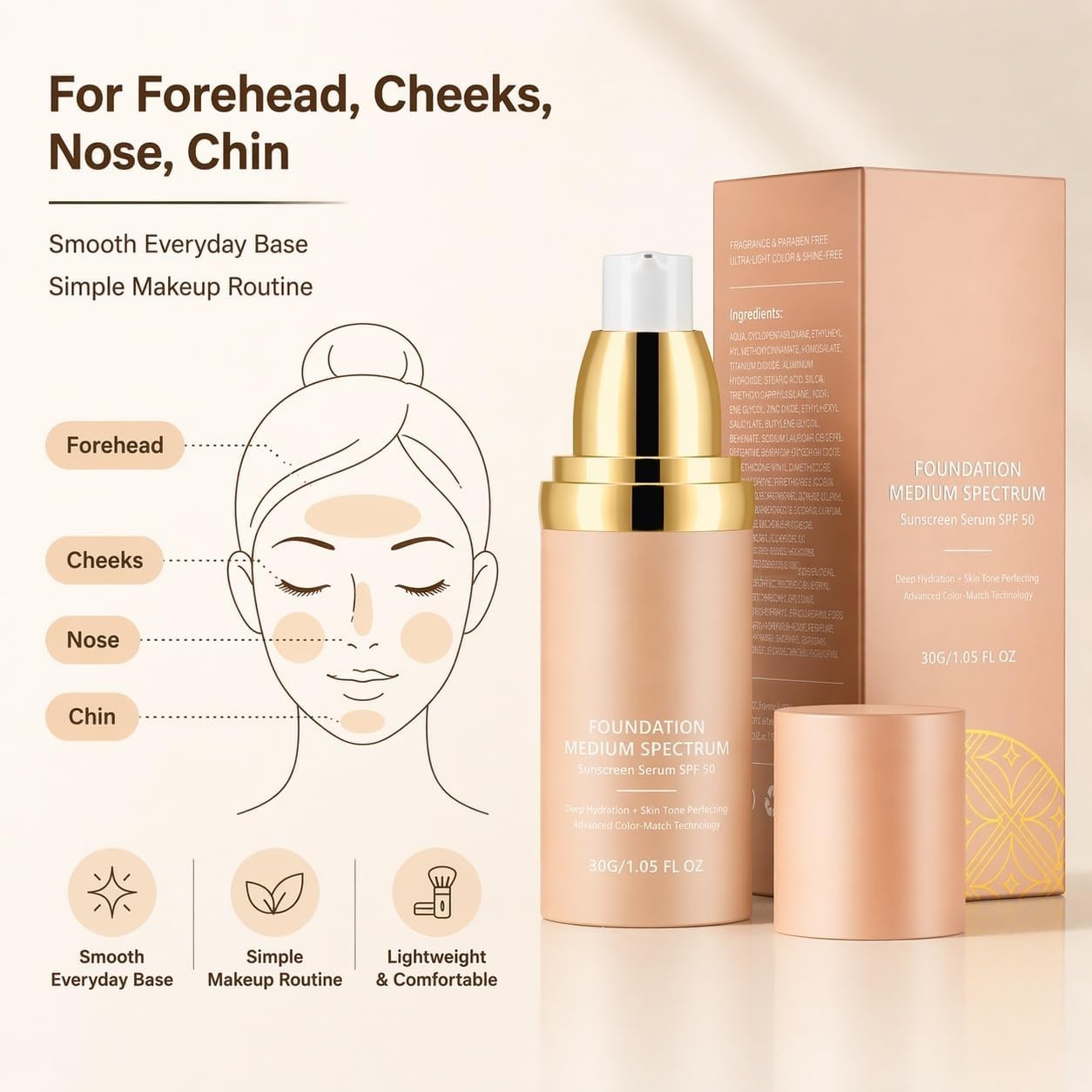 Foundation Serum SPF 50, Medium Shade Makeup Base, Smooth Coverage, 30g