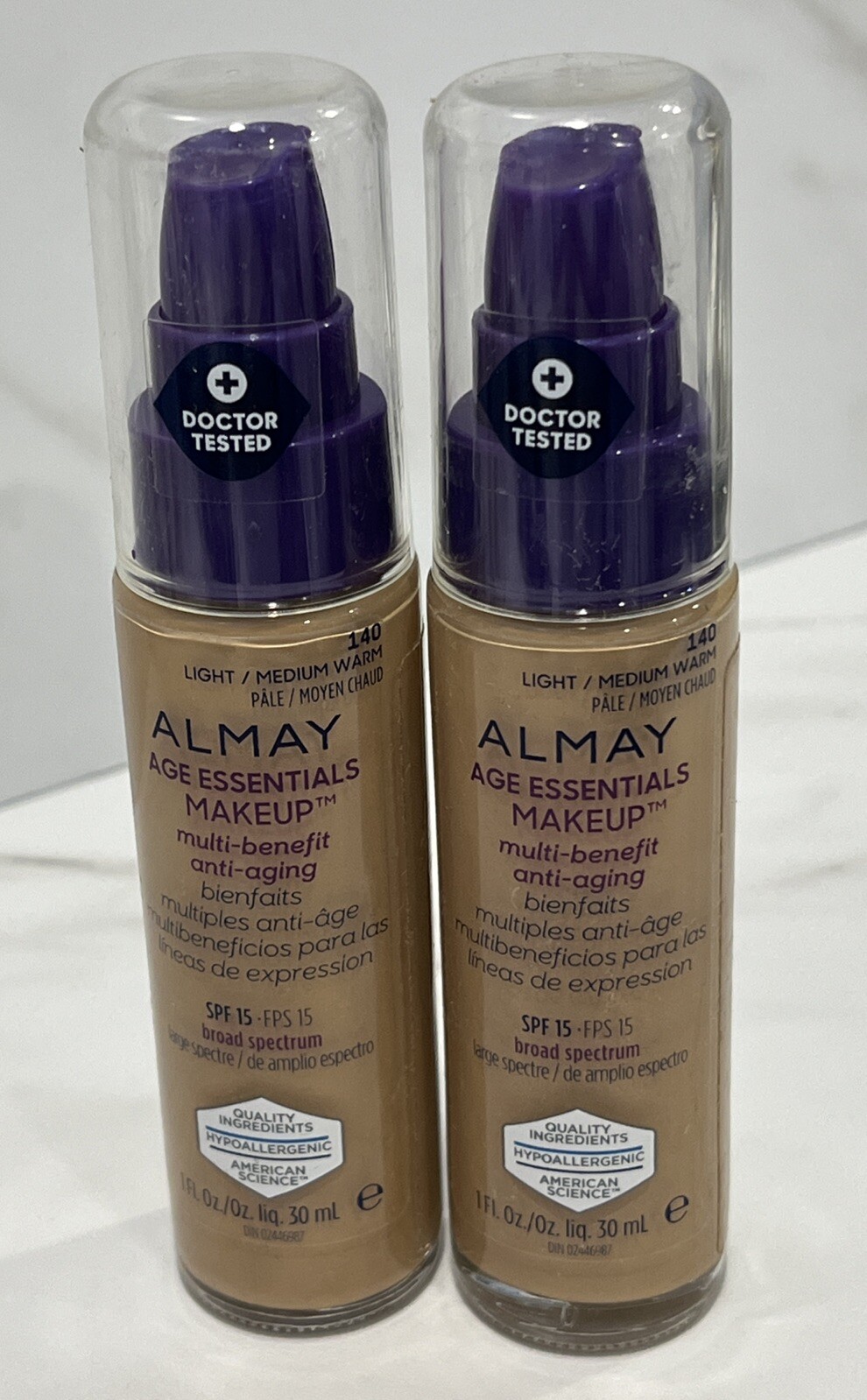 2 Almay Age Essentials Makeup Multi-Benefit SPF 15 140 Light / Medium Warm 1 oz
