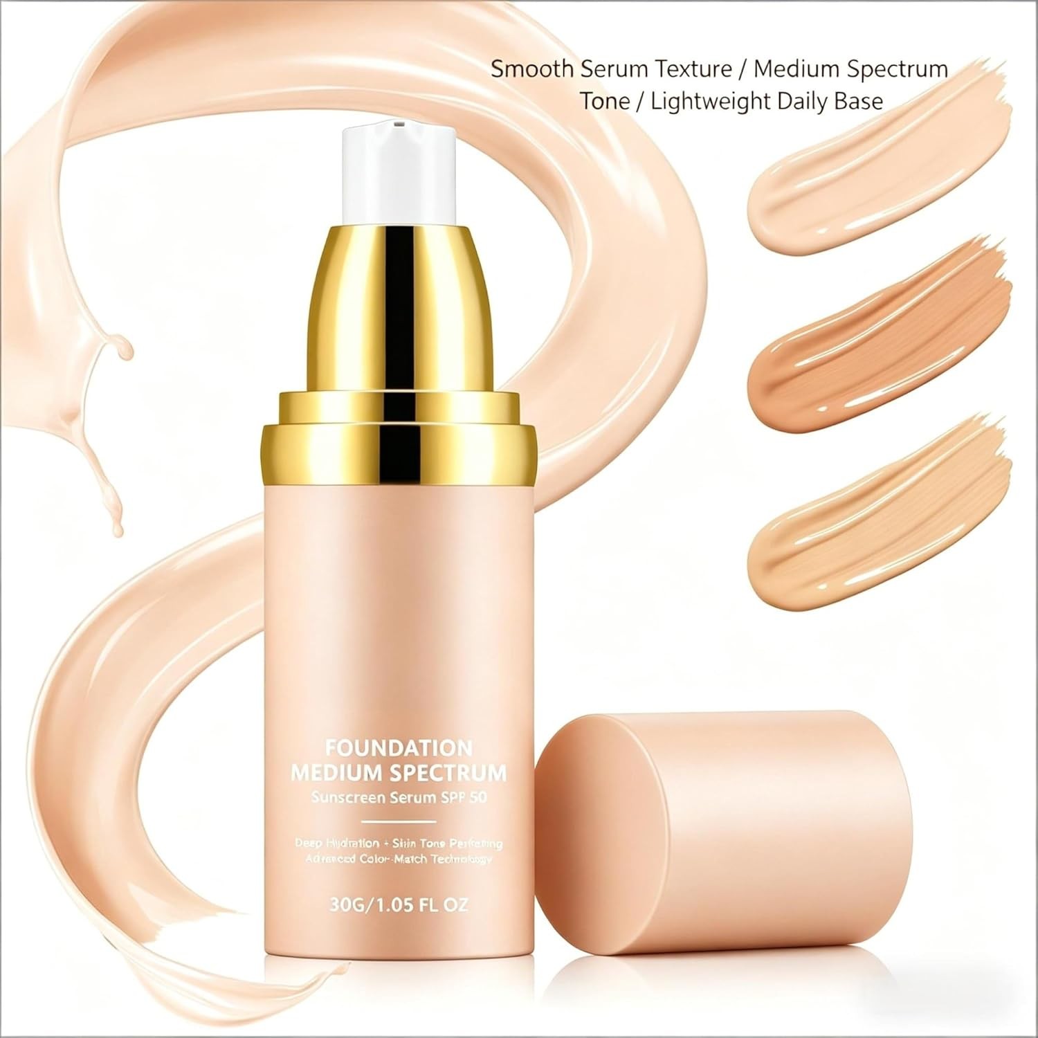 Foundation Serum SPF 50, Medium Shade Makeup Base, Smooth Coverage, 30g