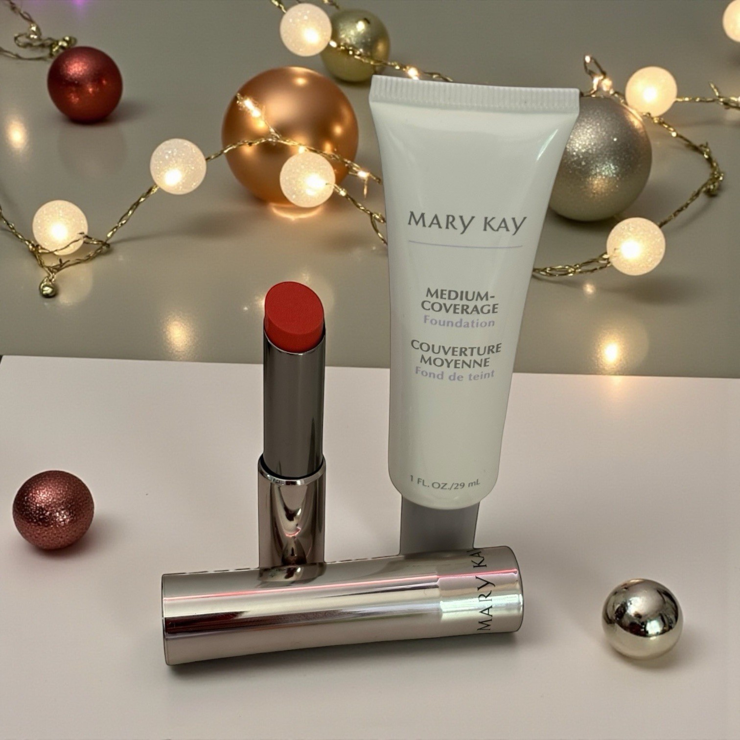 Mary Kay Medium Coverage Foundation #364200 BRONZE 708 GREY CAP and Lipstick Set