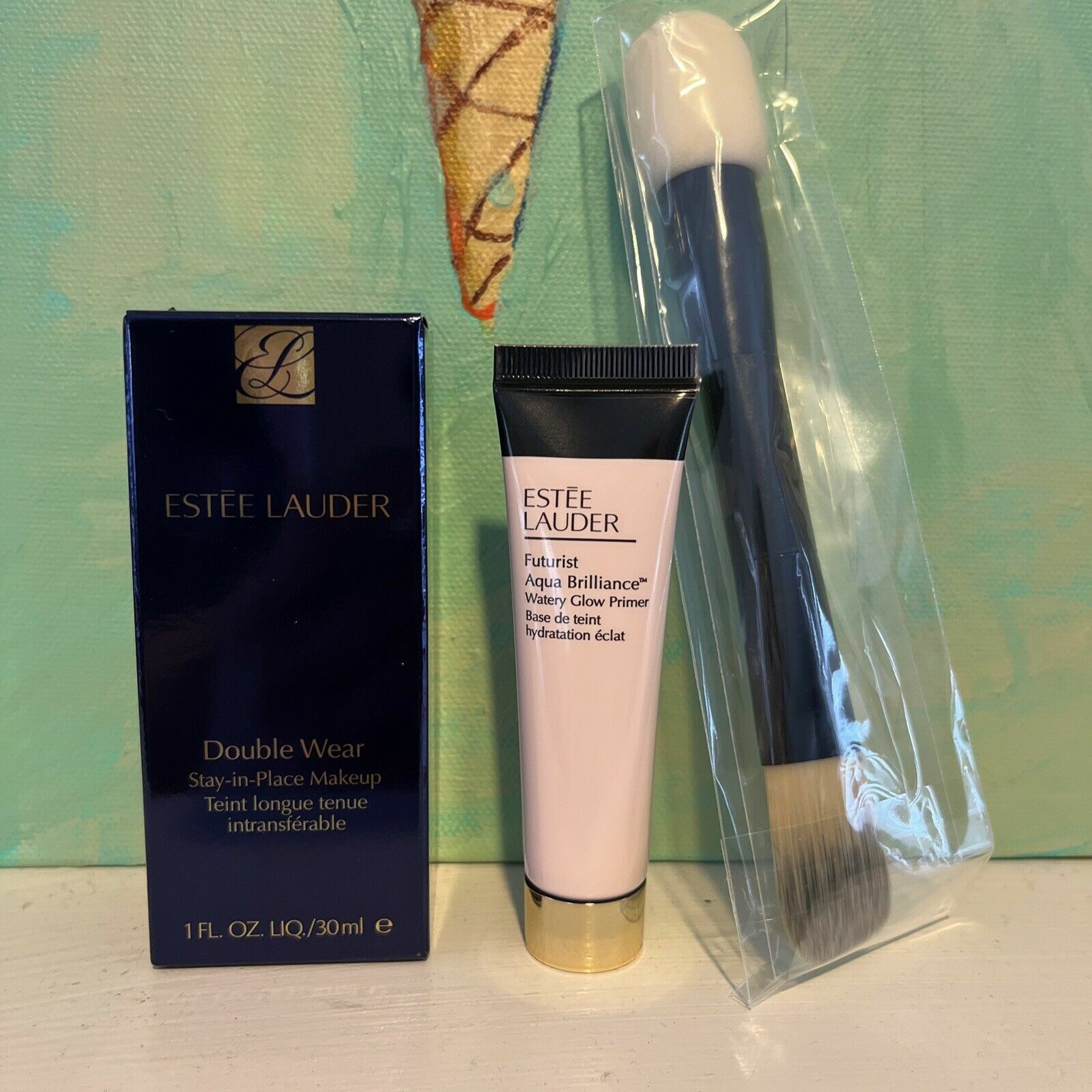 Estee Lauder Double Wear Stay-in-Place Makeup 2W0 Warm Vanilla + Primer + Brush