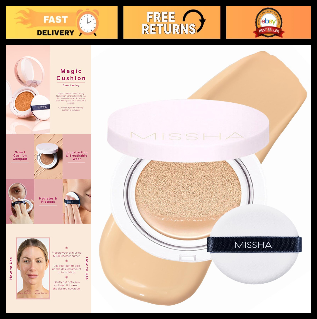 Magic Cushion Foundation No.23 Natural Beige – Flawless Coverage, Dewy Finish, E