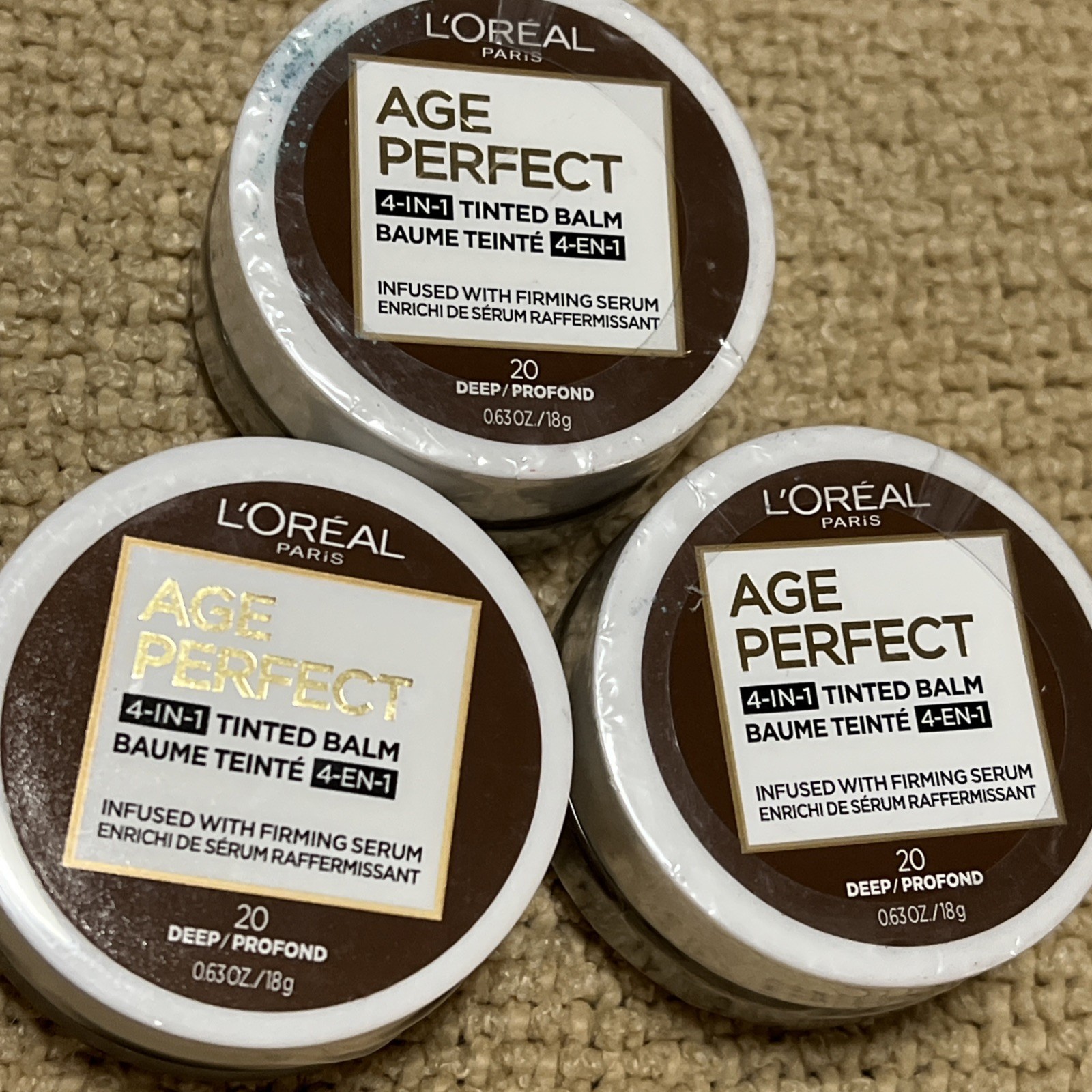 L’Oreal Paris AGE PERFECT 4-in-1 Tinted Balm 20 Deep Profond .63 oz, Lot of 3
