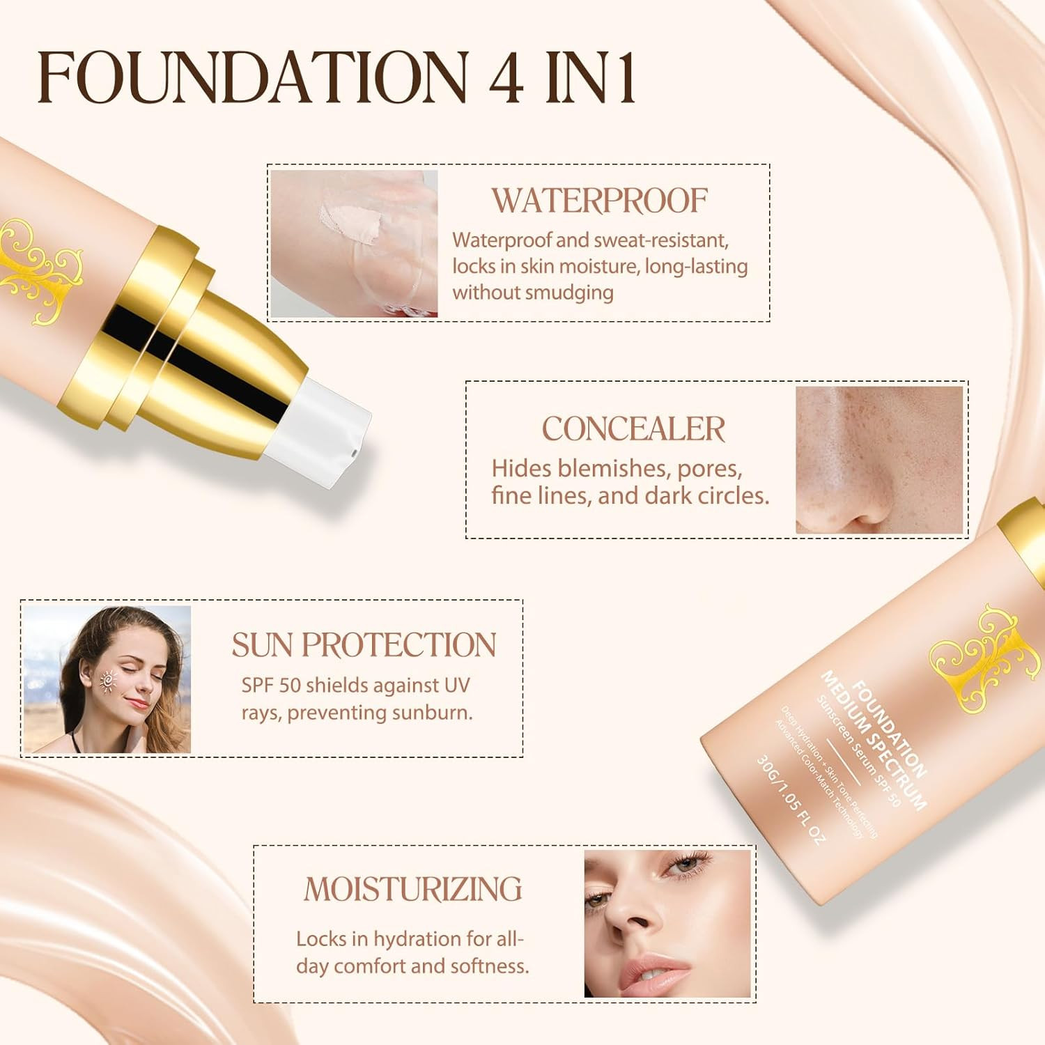 Foundation 4 in 1 – Medium Spectrum 1.05 Fl Oz with Sun SPF 50 Concealer Hydrat