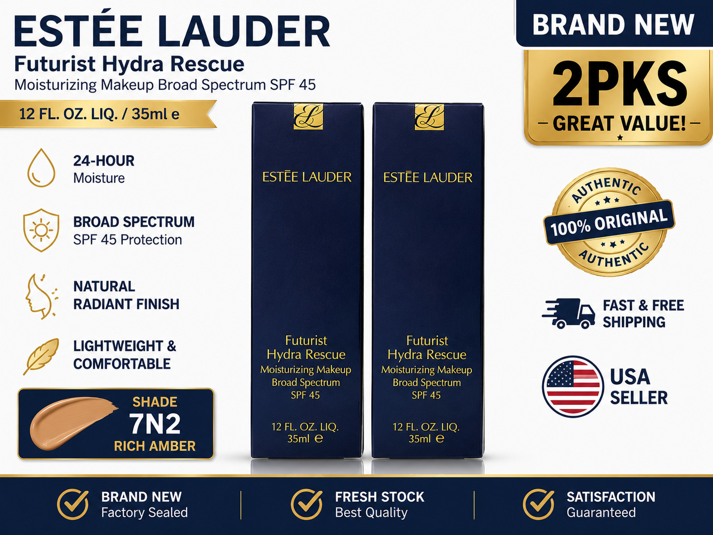 Estee Lauder Futurist Hydra Rescue SPF45 7N2 Rich Amber 35ml 2PK Brand New