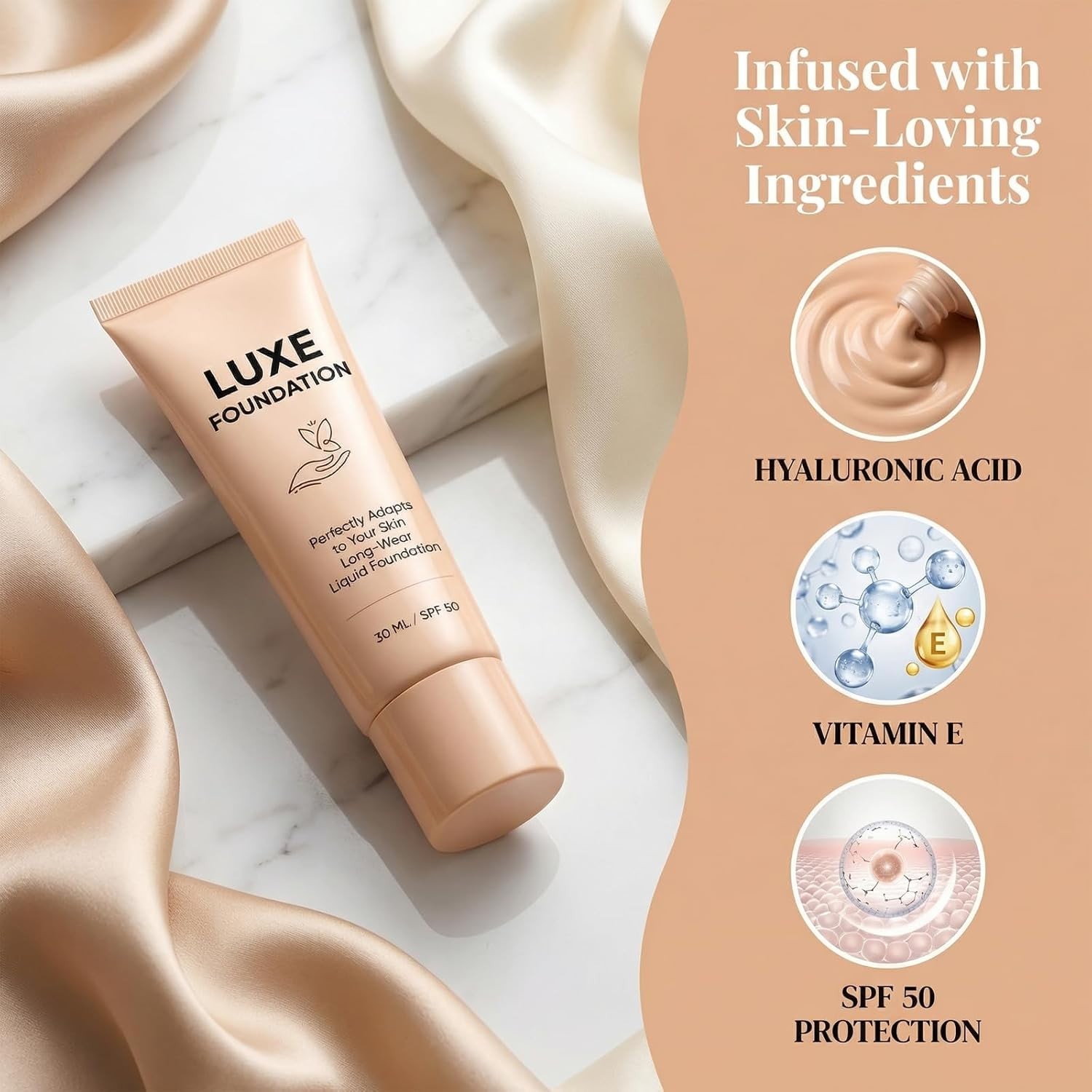 Color Changing Foundation, Hyaluronic Acid & Vitamin E, Creates Flawless Skin
