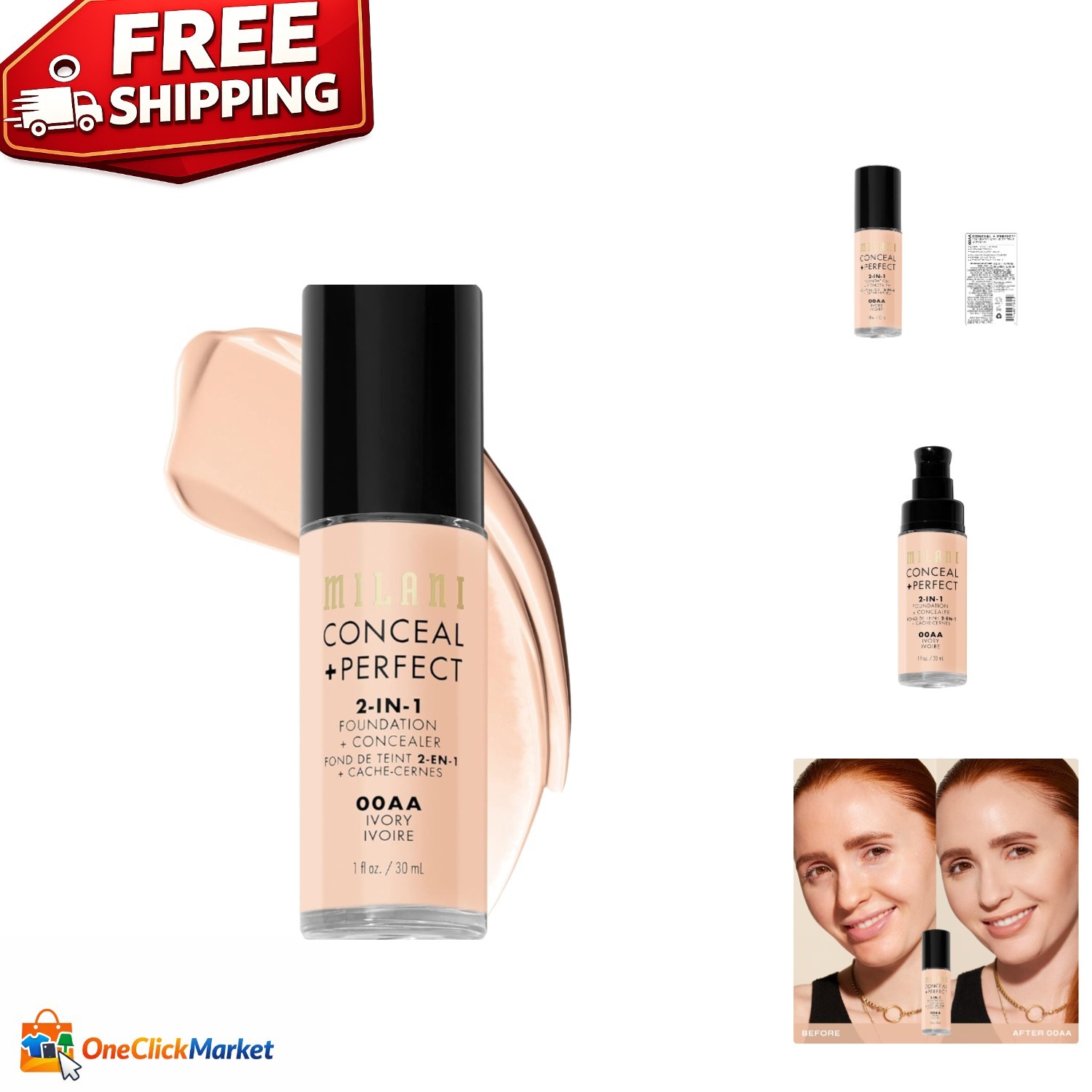 00AA-Ivory Cruelty-Free 2-in-1 Foundation and Concealer for Natural Flawlessness